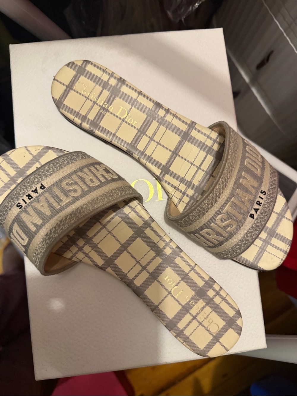 Dior Beige and Gray Check Slide Sandals